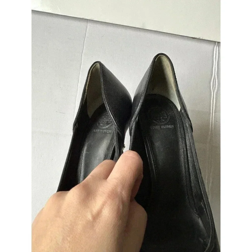 Tory Burch Bernice Leather Pointed Toe Logo Charm High Heels Pumps Shoes